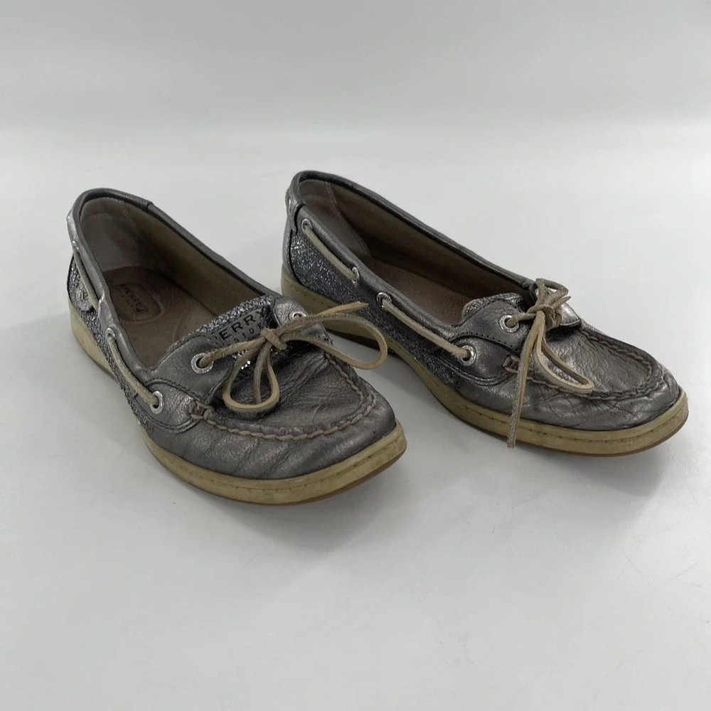 Sperry Angelfish Top-Sider Women 9 Silver Leather Shimmer Boat Shoe Preppy Deck‎